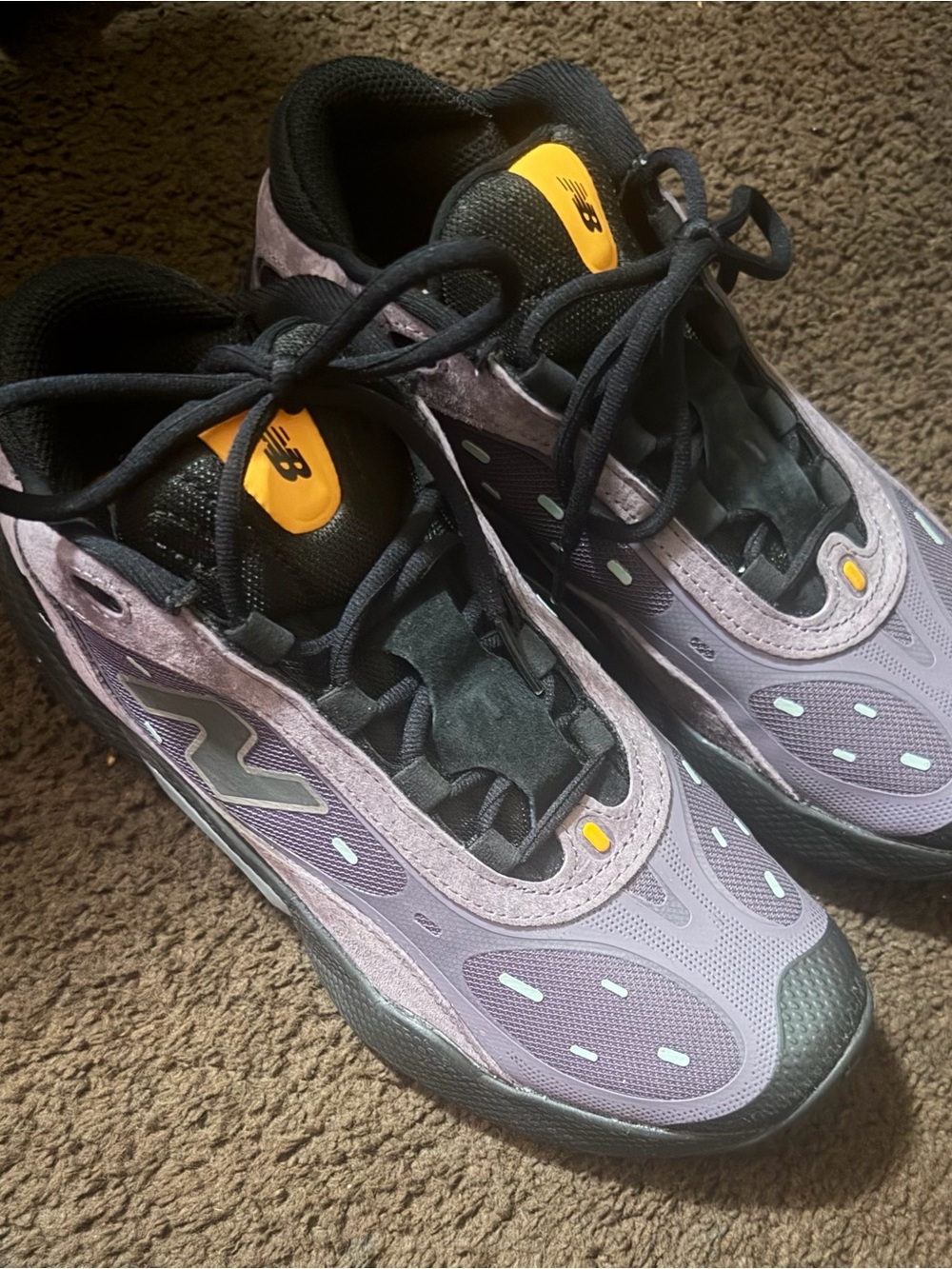 New Balance Lavender & Black Running Shoes with Yellow Tongue Accents